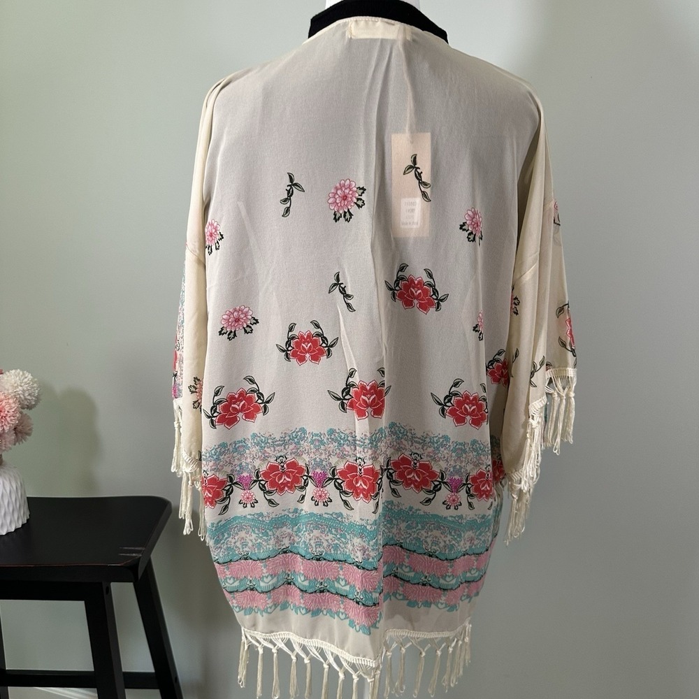 Silk Blend Sheer Floral Kimono Cardigan Boho Fringe‎ Ivory Beach XS S - Picture 4 of 9